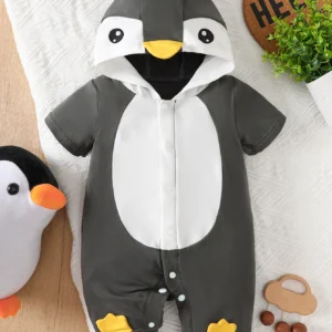 IURNXB Infant Cartoon Penguin Hooded Romper Short Sleeve Baby Boy Girl Onesie Cute Newborn Outfit Summer 1-18M