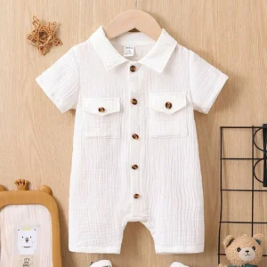 Summer Casual Comfort Soft Solid Color Simple Cotton Short Sleeve Romper Baby Girl Pocket Fashion Baby Boy Romper