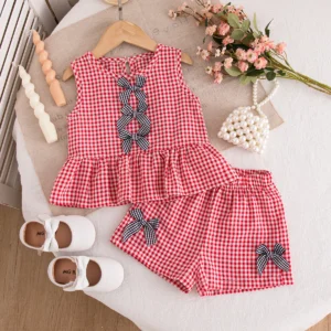 2Pc/Set Baby Girl Set Summer Cotton Checkered Bow Sleeveless Top Shorts Girl Sets Cartoon Casual Beach Baby Girl Outfit