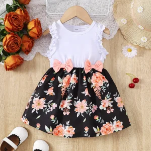 Baby Girl Summer Clothes Floral Print Sleeveless Dresses Pastoral Style Wedding Party Dress with Bow for Toddler Girl 0-3 Years