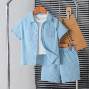New summer men's short-sleeved woven pure blue button pocket + loose shorts two-piece set