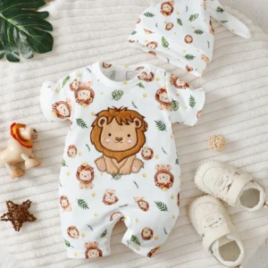 New Baby Boy Casual Cute Cartoon Lion Pattern Round Neck Short Sleeve Hoodie with Shoulder Buckle, Shorts, And Hat
