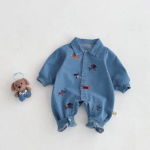 Baby one-piece suit, denim autumn wear, embroidered outdoor crawling clothes for boys and girls, Hayi, first birthday clothes fo