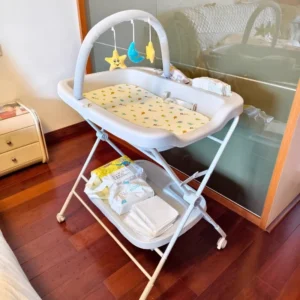 Portable Baby Changing Nursery Table Height Adjustable Foldable Diaper Table with Swivel Wheels Drying Rack Large Storage