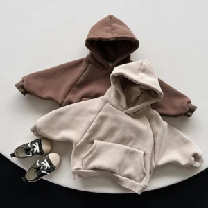 2026 Winter Fleece Solid Hoodies Baby Boys Casual Loose Pocket All-match Hooded Top Girls Simple Thick Pullover Cotton Clothes