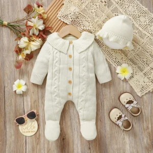 Newborn Baby Romper Knitted Infant Boy Girl Jumpsuit Outfits Long Sleeve Autumn Kid Clothes Hat 2PCS 0-9M Overalls Fashion Solid