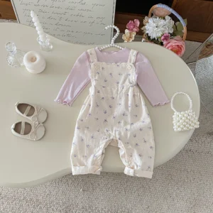Autumn baby and toddler long-sleeved overalls set: A casual base layer shirt and a sweet two-piece set of printed overalls