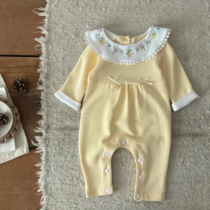 Autumn New Baby Girls Cute Light Yellow Doll Collar Long Sleeve Crawler Soft Newborn Jumpsuits Clothing Romper Soft Outfits