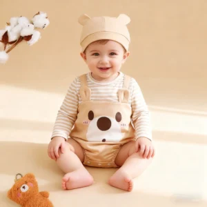 2Pcs Newborn Baby boy Bodysuit Little bear Pattern Long sleeved Bodysuit+Hat Set 0-18 Months Baby boy Spring Autumn Bodysuit
