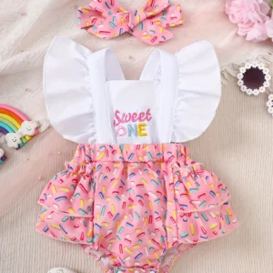 Two-Piece Set for Baby Girls: Cool Silk Cotton Casual Romper with Cute Style Cartoon Letter Embroidery Pattern for Spring and Summer, and a Headband