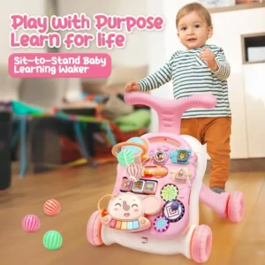 Baby Walker 2 in 1 Sit & Standing, Adjustable Speed for Toddlers, Removable Game Tray, Music Learning Toy for 12-36 Months Baby