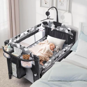 5-in-1 Portable Baby Crib Bassinet Changing Table, , Storage Bag & Music Box for Newborn to Toddlers