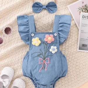 Baby Girl Soft Denim 3D Flower Embroidered Flutter Overall Romper + Bow Headband, Cute 2-Piece Outfit